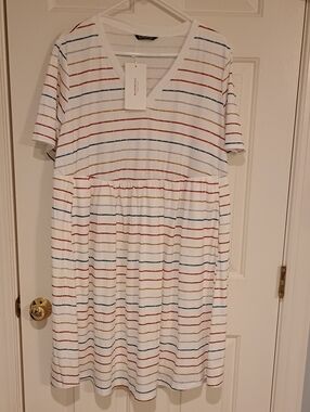 BloomChic White Mini Dress with Red, Blue, and Mustard Stripes
